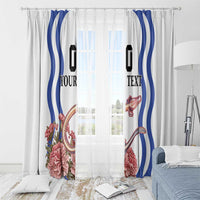 White curtains with blue wave stripes and red carnation flowers, hanging on a top rod