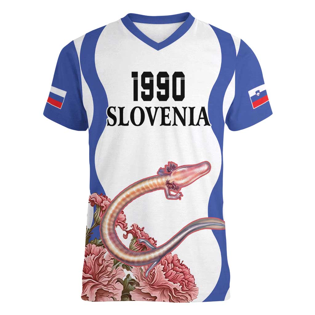 Custom Slovenia Independence Day Women V-Neck T-Shirt The Olm With Carnation Flowers - Wonder Print Shop