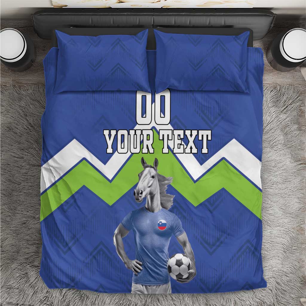 Blue football bedding set with green zigzag stripe, horse player holding a soccer ball