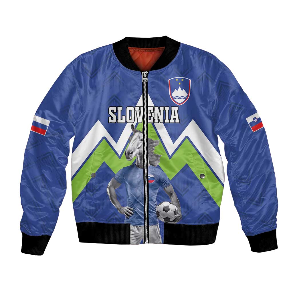 Blue bomber jacket with zip front, black ribbed cuffs, horse and football graphic
