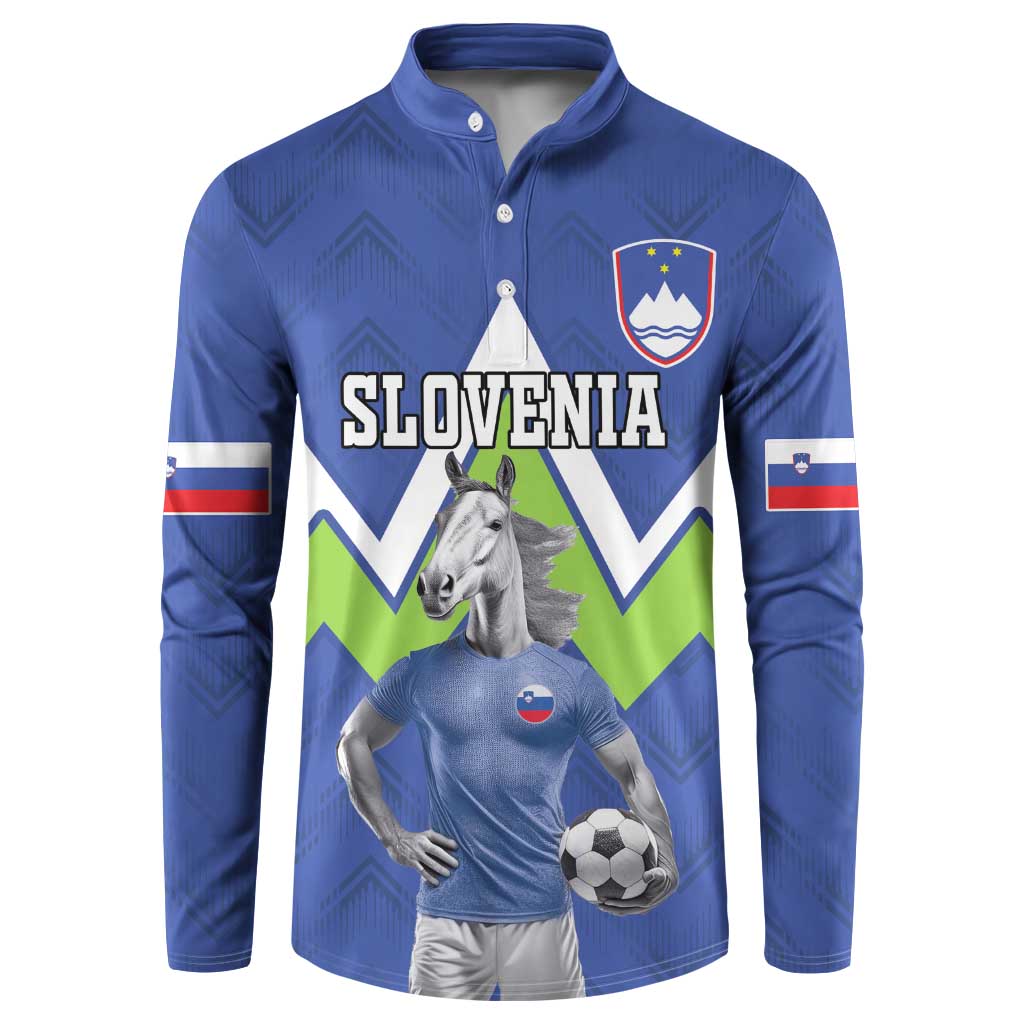 Blue football-style button sweatshirt with Slovenia graphic, horse rider and soccer ball