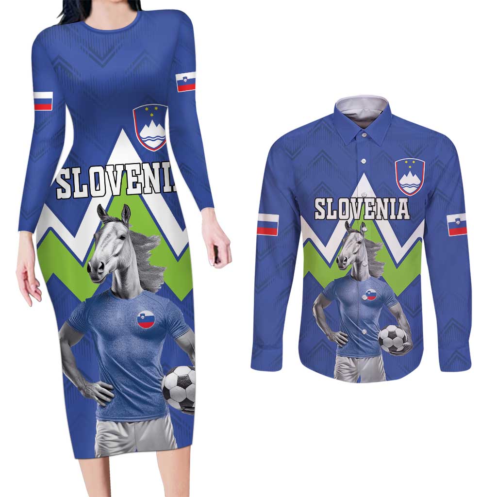 Custom Slovenia Football Couples Matching Long Sleeve Bodycon Dress and Long Sleeve Button Shirt Lipizzaner Horse Sport Style - Wonder Print Shop