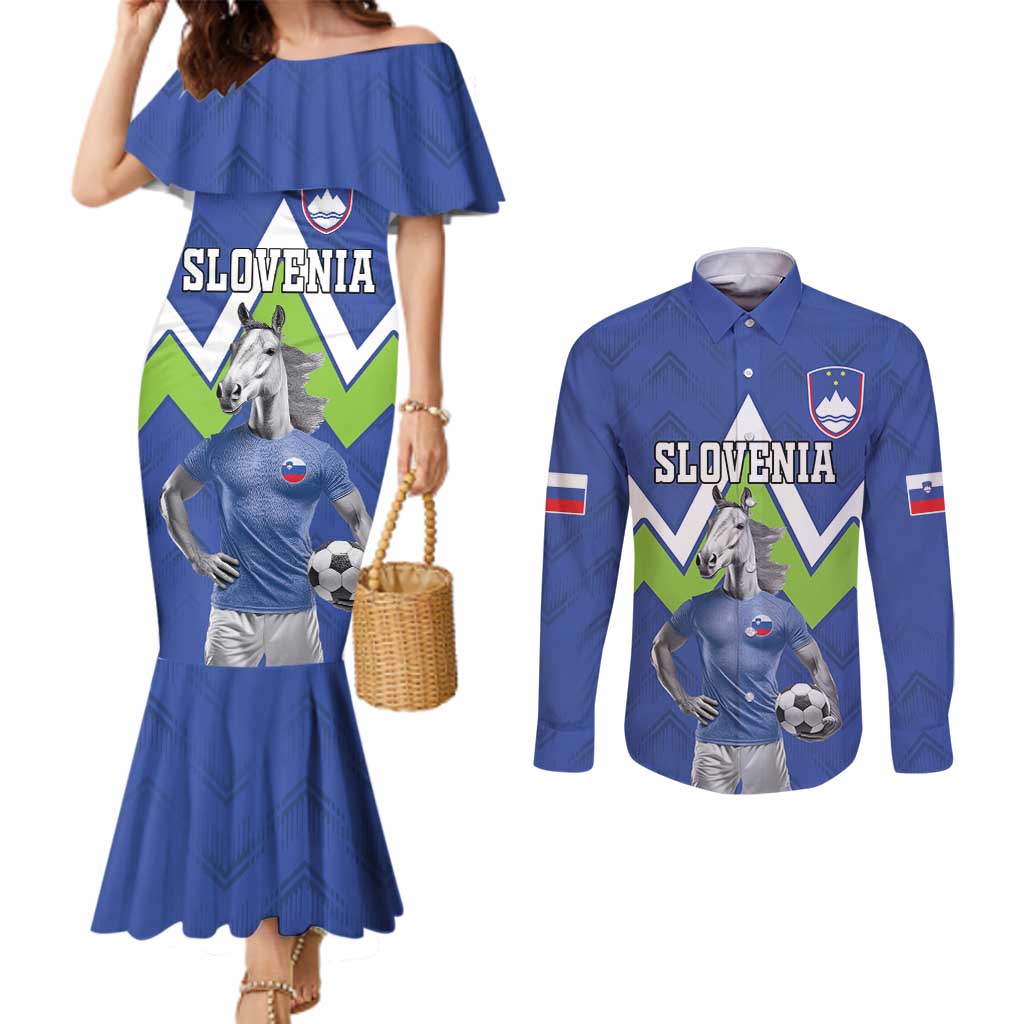 Custom Slovenia Football Couples Matching Mermaid Dress and Long Sleeve Button Shirt Lipizzaner Horse Sport Style