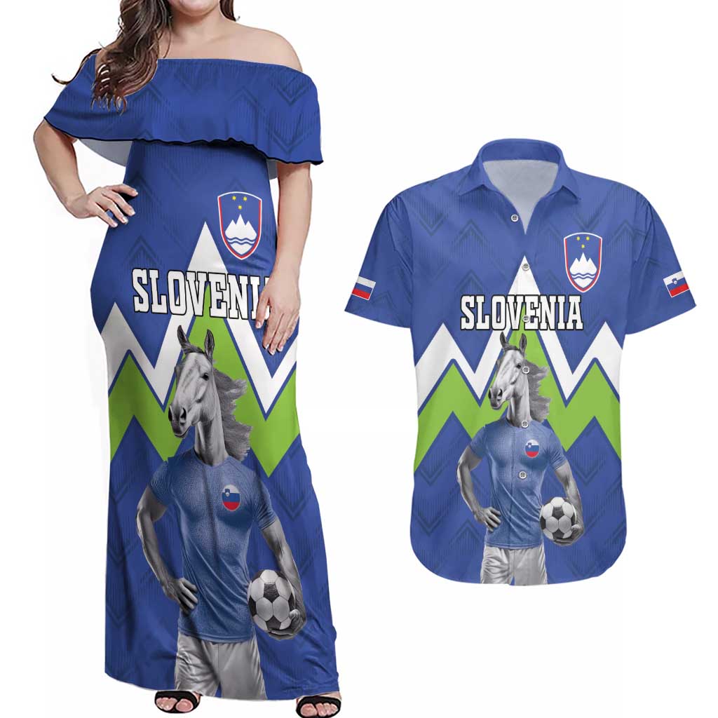 Custom Slovenia Football Couples Matching Off Shoulder Maxi Dress and Hawaiian Shirt Lipizzaner Horse Sport Style - Wonder Print Shop