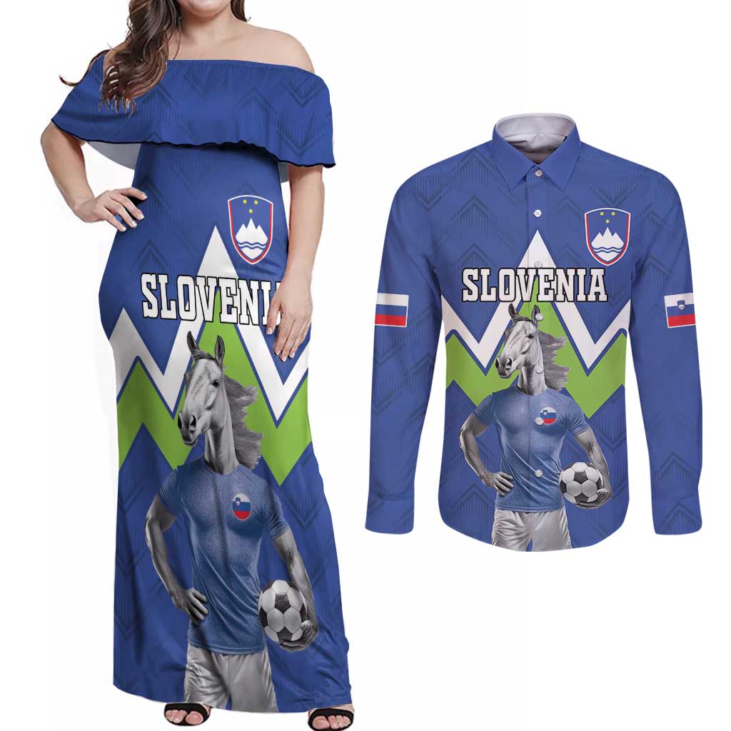 Custom Slovenia Football Couples Matching Off Shoulder Maxi Dress and Long Sleeve Button Shirt Lipizzaner Horse Sport Style - Wonder Print Shop