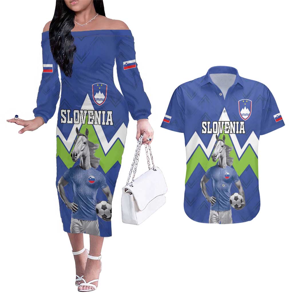 Custom Slovenia Football Couples Matching Off The Shoulder Long Sleeve Dress and Hawaiian Shirt Lipizzaner Horse Sport Style - Wonder Print Shop