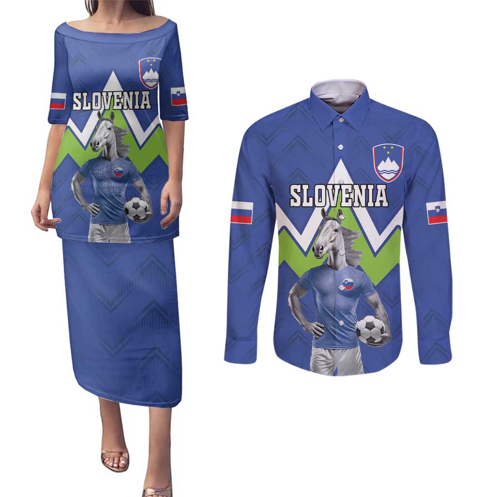 Custom Slovenia Football Couples Matching Puletasi and Long Sleeve Button Shirt Lipizzaner Horse Sport Style - Wonder Print Shop