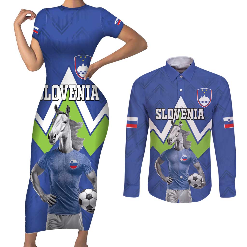 Custom Slovenia Football Couples Matching Short Sleeve Bodycon Dress and Long Sleeve Button Shirt Lipizzaner Horse Sport Style - Wonder Print Shop