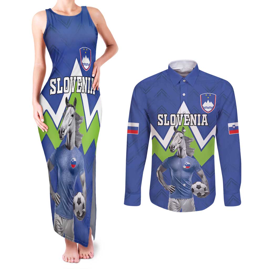 Custom Slovenia Football Couples Matching Tank Maxi Dress and Long Sleeve Button Shirt Lipizzaner Horse Sport Style - Wonder Print Shop