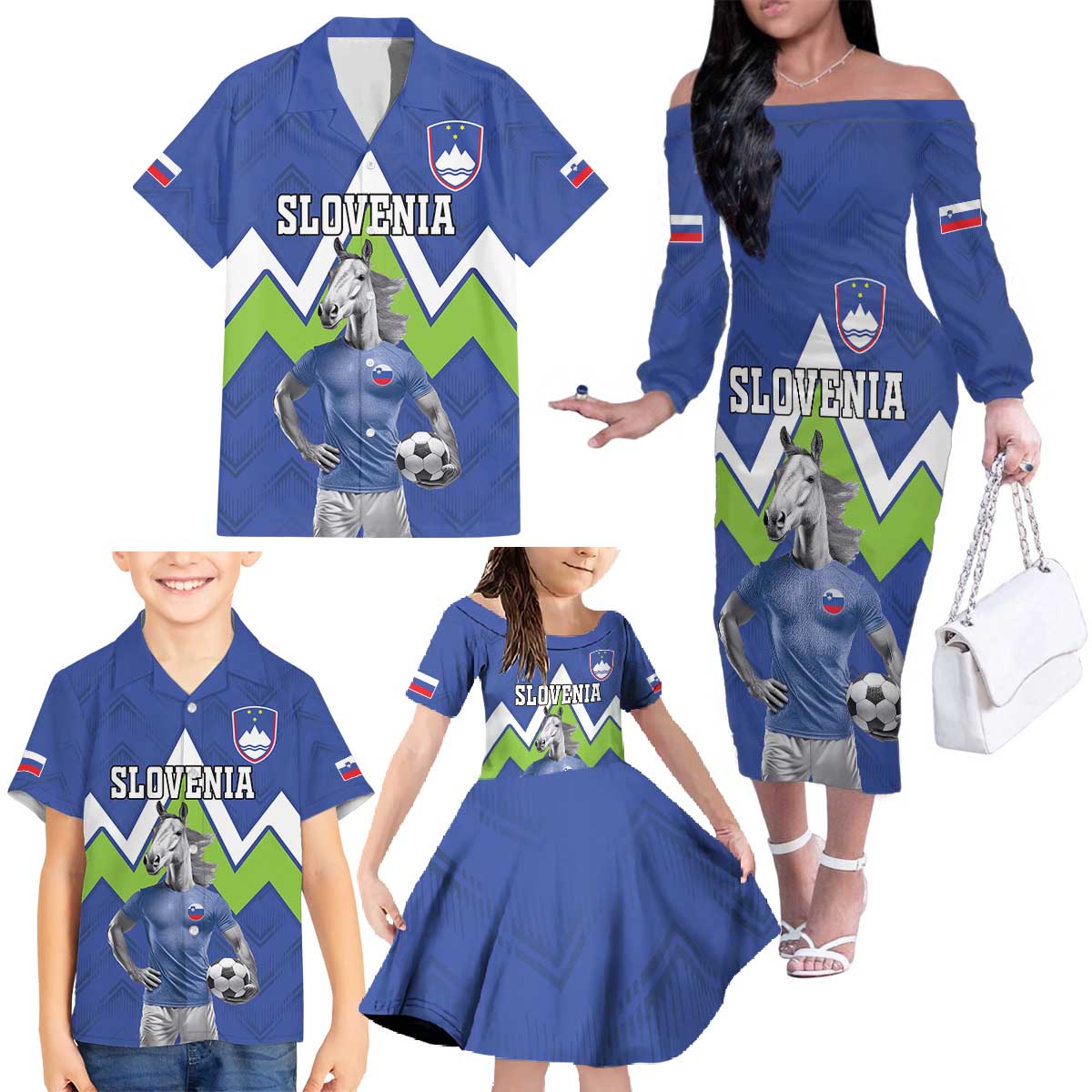 Custom Slovenia Football Family Matching Off The Shoulder Long Sleeve Dress and Hawaiian Shirt Lipizzaner Horse Sport Style - Wonder Print Shop