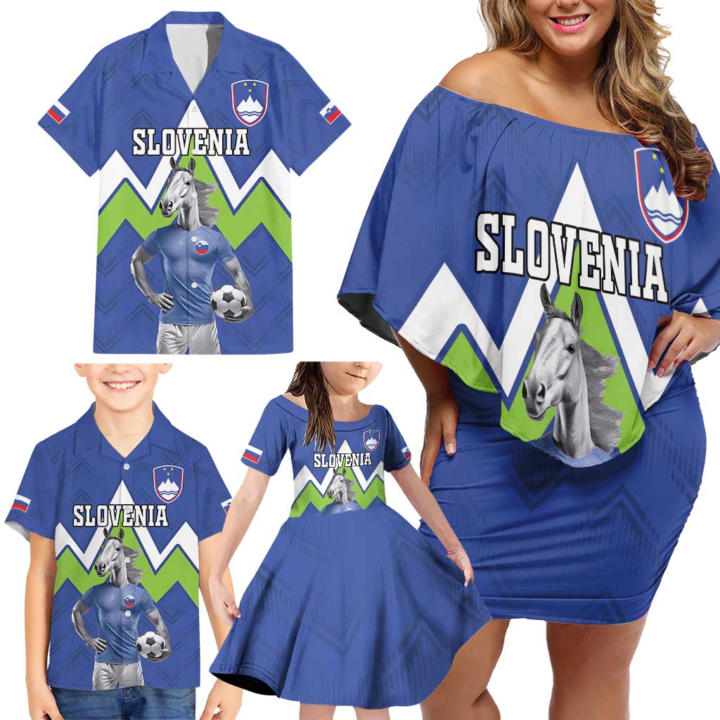 Custom Slovenia Football Family Matching Off Shoulder Short Dress and Hawaiian Shirt Lipizzaner Horse Sport Style - Wonder Print Shop