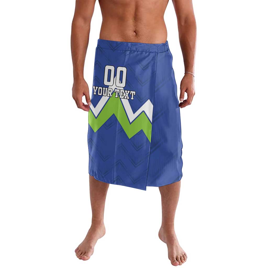 Blue sports shorts with bold zigzag emblem and placeholder text on front