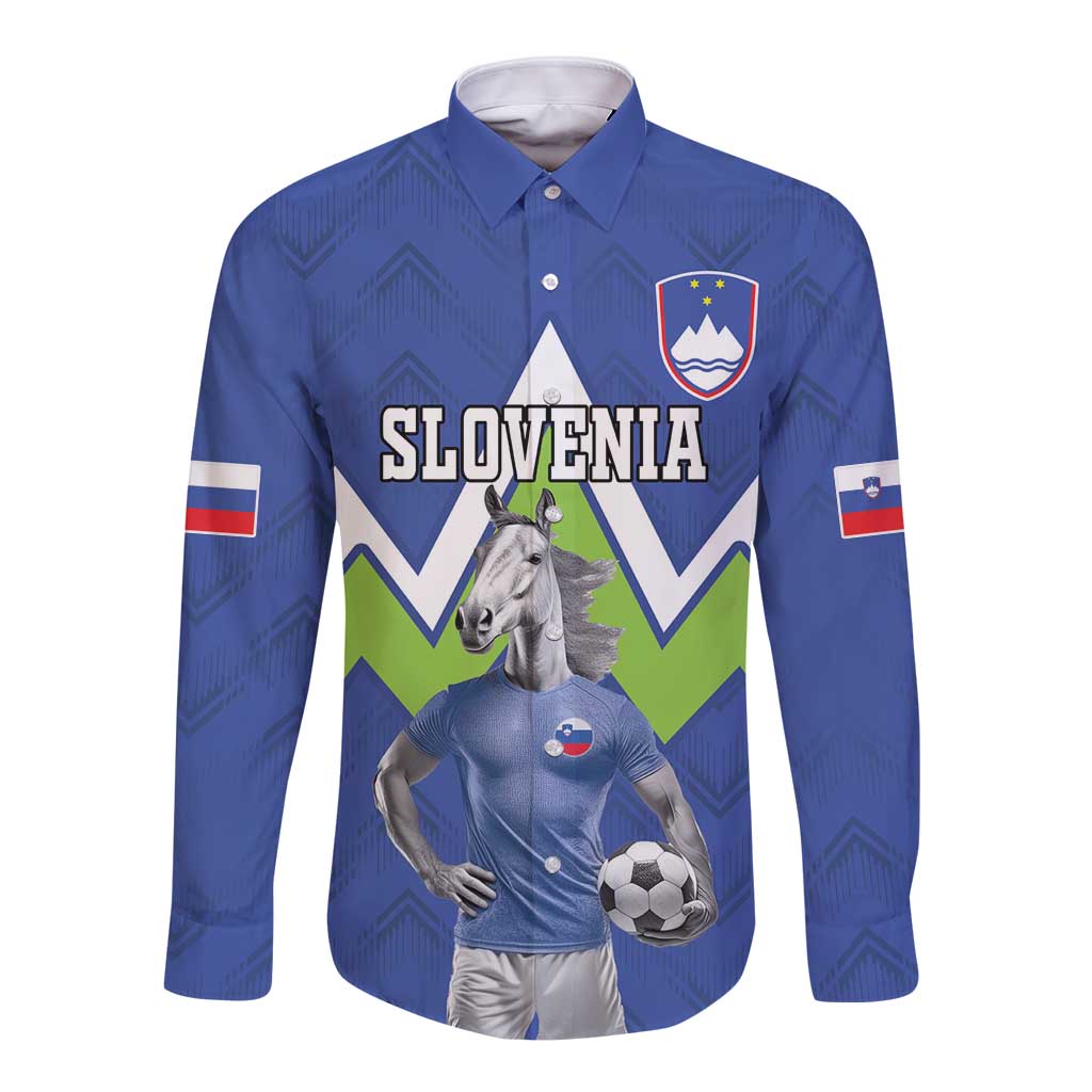 Blue long-sleeve football button shirt with Slovenia crest, flags, and horse graphic