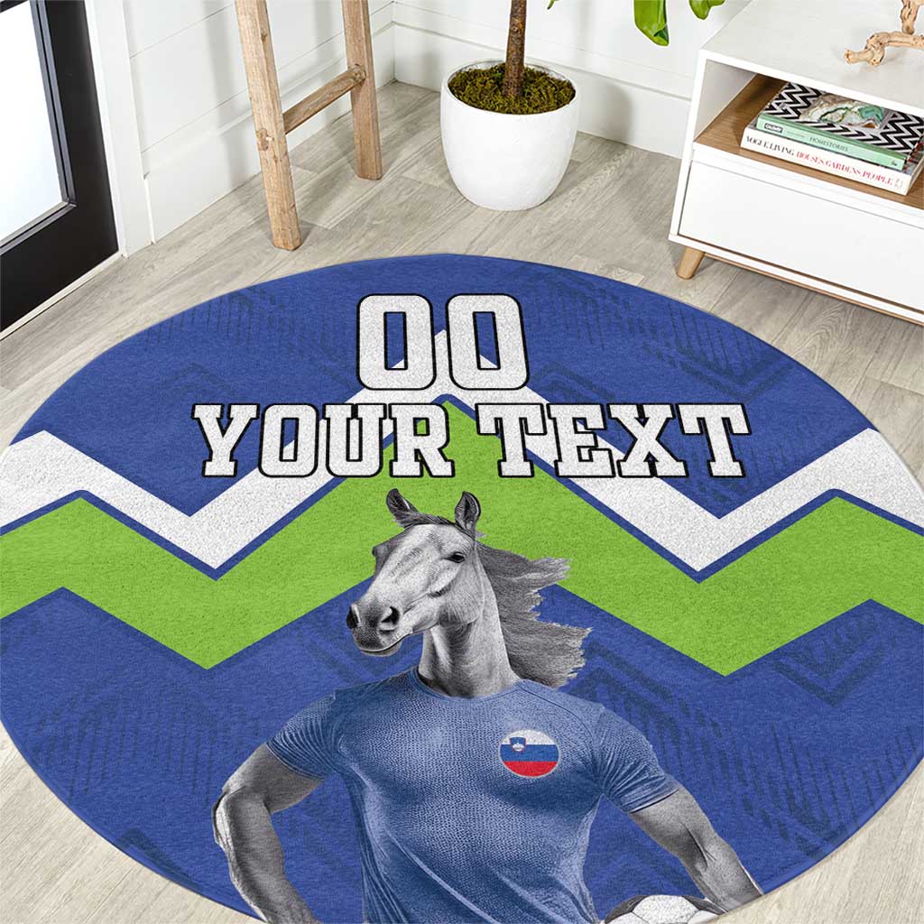 Blue round football carpet with gray horse, "00 YOUR TEXT", green chevrons