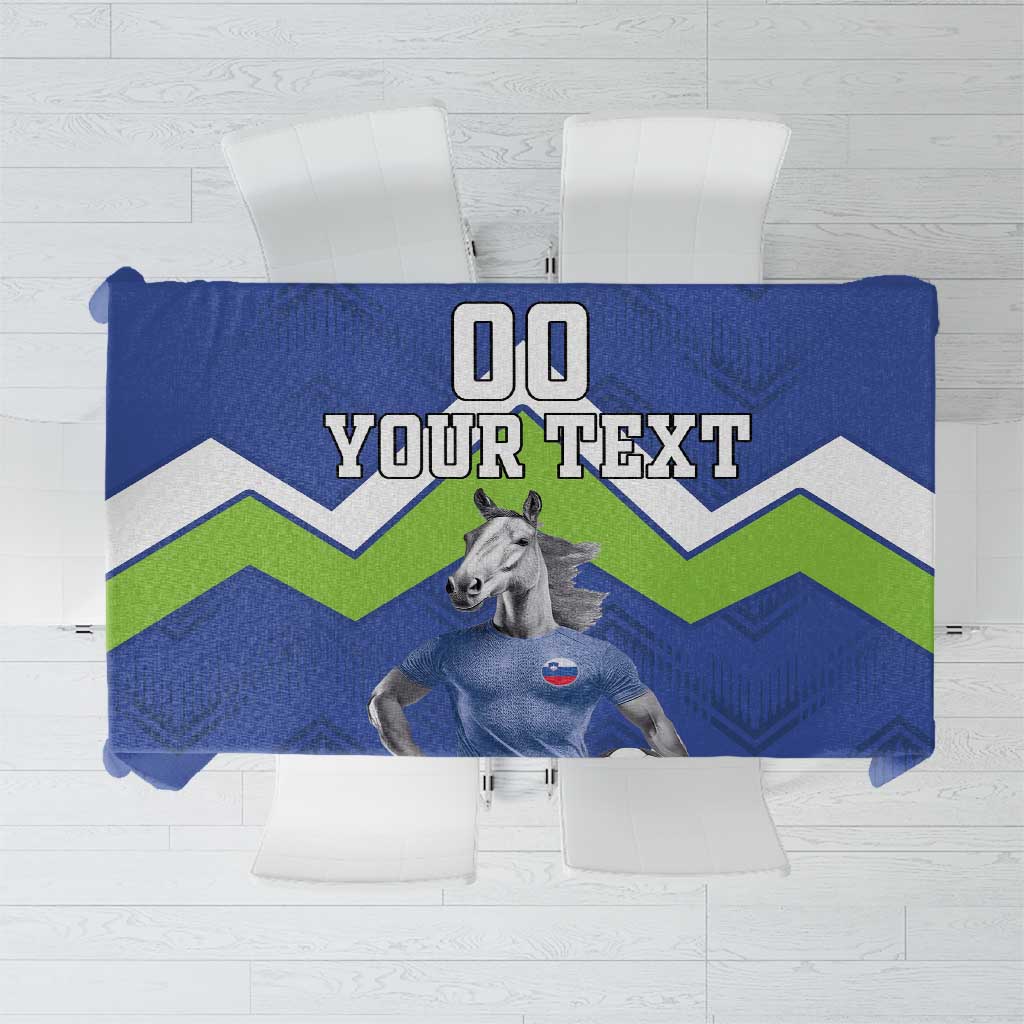 Blue football tablecloth with green zigzag trim, horse and soccer graphic, custom text panel