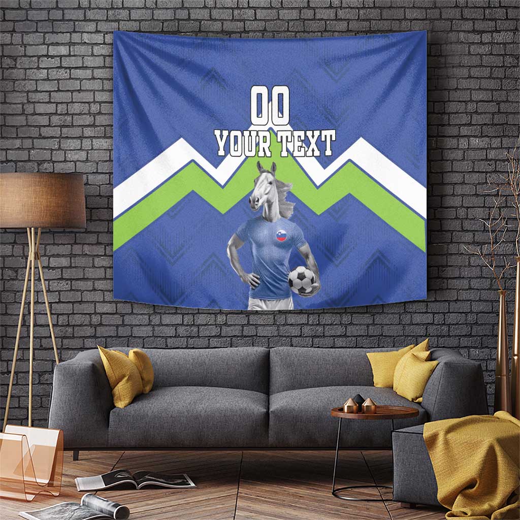 Blue football tapestry with horse rider and soccer ball, chevron border, custom text