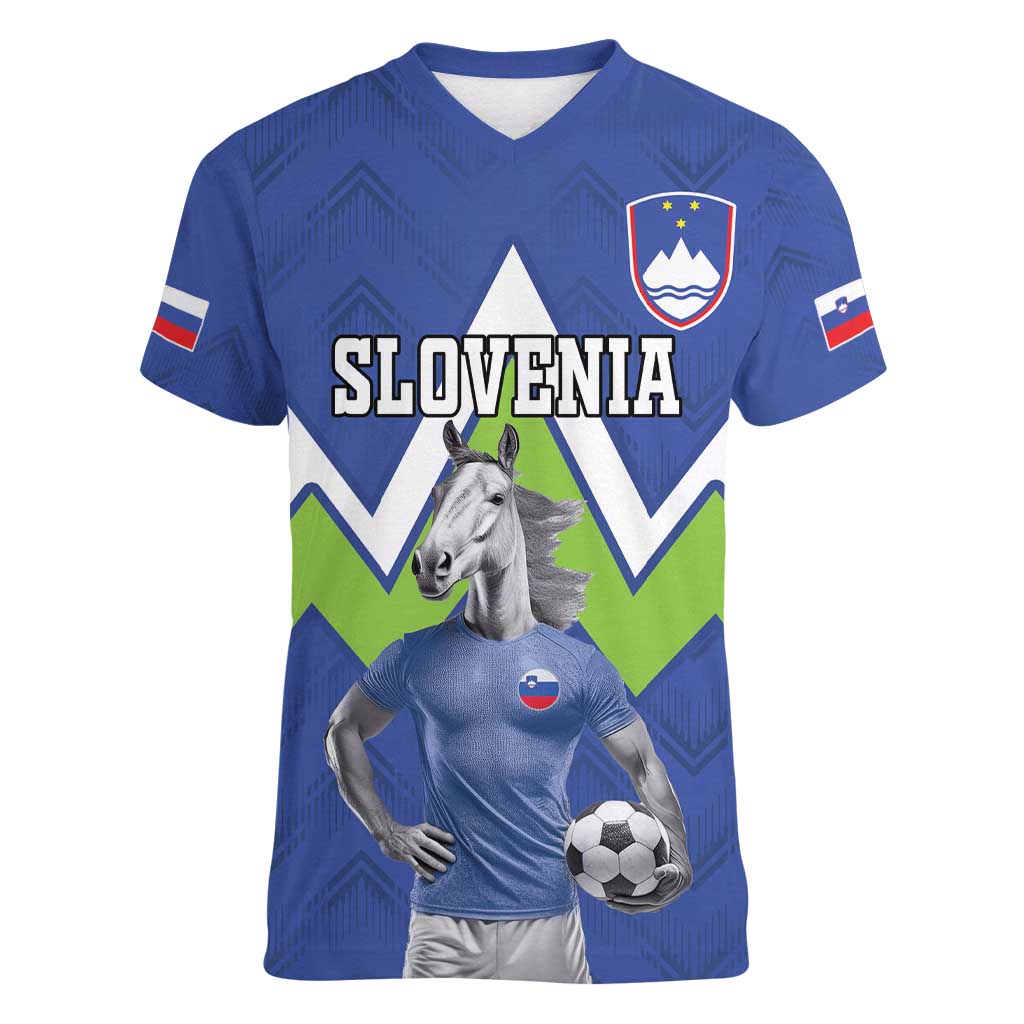 Custom Slovenia Football Women V-Neck T-Shirt Lipizzaner Horse Sport Style - Wonder Print Shop