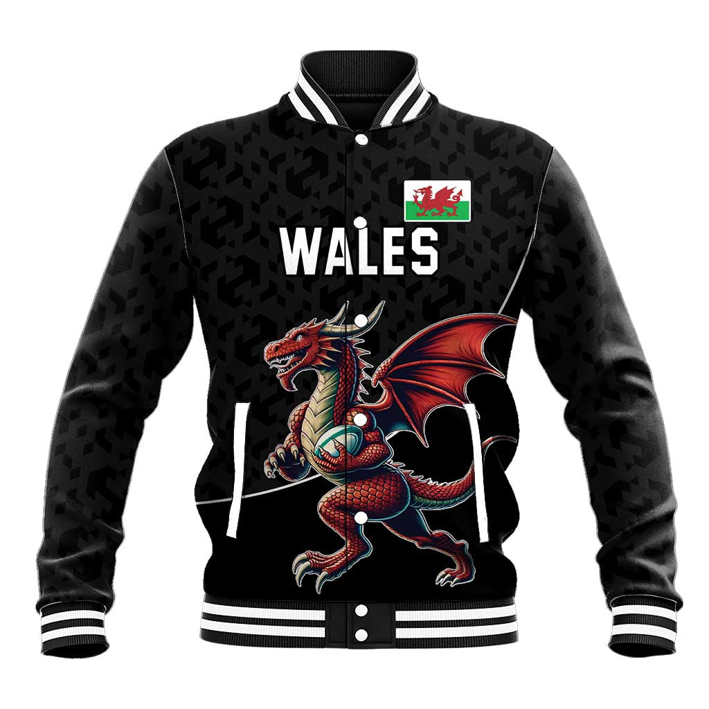 Custom Wales Rugby Baseball Jacket Welsh Dragon Mascot Black Version