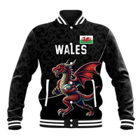 Black Wales varsity baseball jacket with striped collar and front dragon mascot graphic