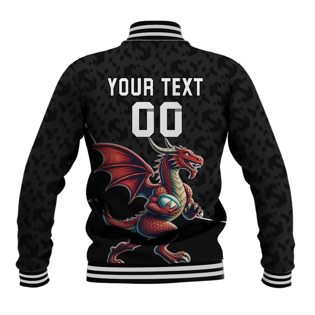 Black varsity baseball jacket back with striped ribs, dragon graphic, and large custom text