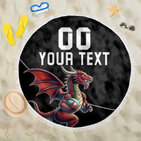 Black round beach blanket with white fringe, dragon mascot and 'YOUR TEXT' print