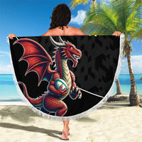 Round black beach blanket with white fringe, red dragon graphic and 'YOUR TEXT' text