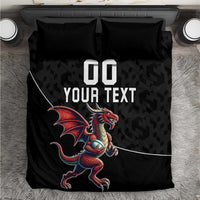 Black duvet cover set with dragon mascot print, custom text, and two matching pillow shams