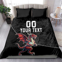 Black duvet cover set featuring dragon mascot and custom text, with two black pillow shams
