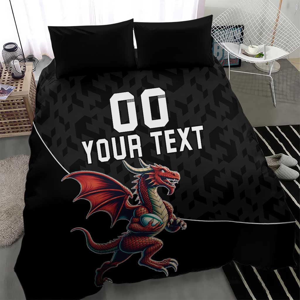 Black duvet cover with dragon mascot and custom text print, plus two black pillow shams