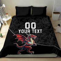Black duvet cover set with dragon mascot graphic and custom text, shown with two pillow shams