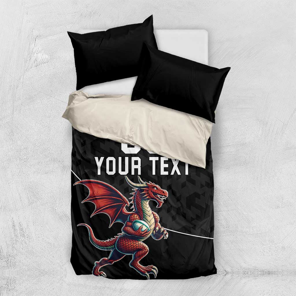 Black duvet cover set with dragon mascot and custom text design, including two black pillow shams