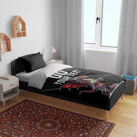 Black duvet cover with dragon mascot and custom text print, plus two black pillow shams