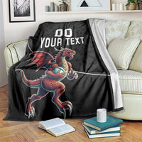 Black Wales rugby blanket with red dragon mascot and large 'YOUR TEXT' print