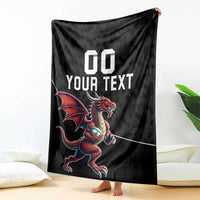 Black rugby blanket with red dragon mascot artwork and 'YOUR TEXT' over '00' graphic