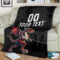 Black rugby blanket spread out with red dragon mascot and 'YOUR TEXT' text