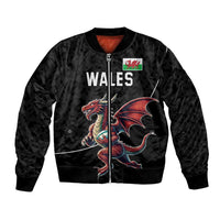 Black bomber jacket with Wales print, zipped front, ribbed cuffs and dragon mascot graphic
