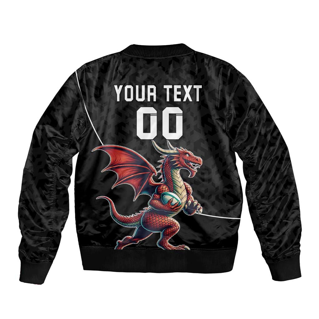 Black bomber jacket with dragon mascot on back, ribbed hem, bold 'YOUR TEXT 00' design