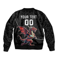 Black bomber jacket with dragon mascot on back, ribbed hem, bold 'YOUR TEXT 00' design