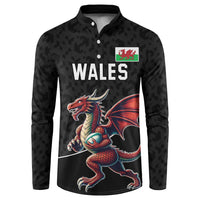Black rugby button sweatshirt with Wales crest and dragon mascot graphic