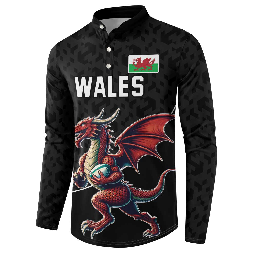 Black long-sleeve rugby button sweatshirt with Wales text and dragon graphic