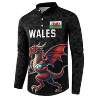 Black long-sleeve rugby button sweatshirt with Wales text and dragon graphic