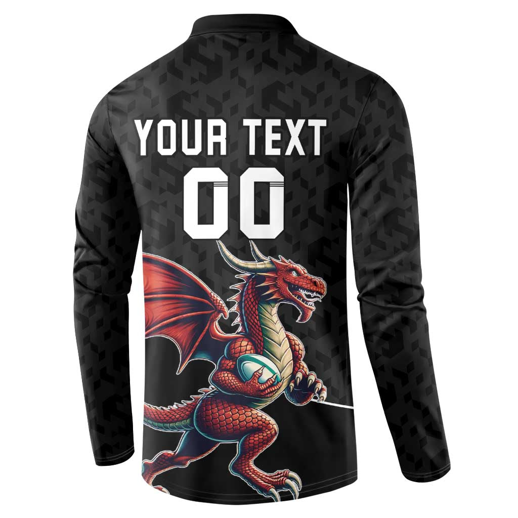 Black rugby button sweatshirt with custom text YOUR TEXT and dragon mascot back print