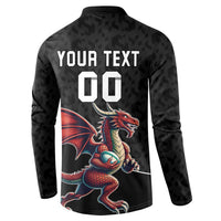 Black rugby button sweatshirt with custom text YOUR TEXT and dragon mascot back print