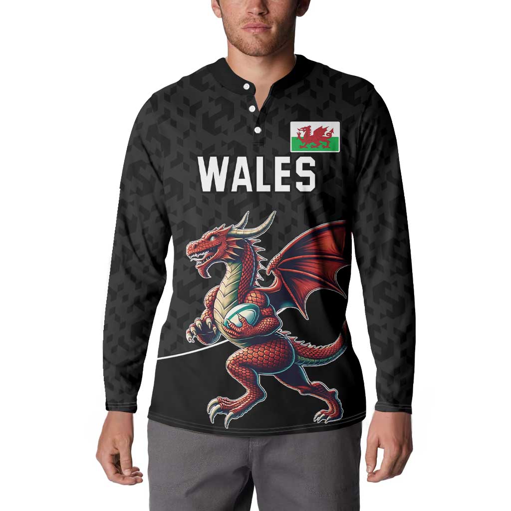 Black rugby button sweatshirt with Wales front logo and flying dragon graphic