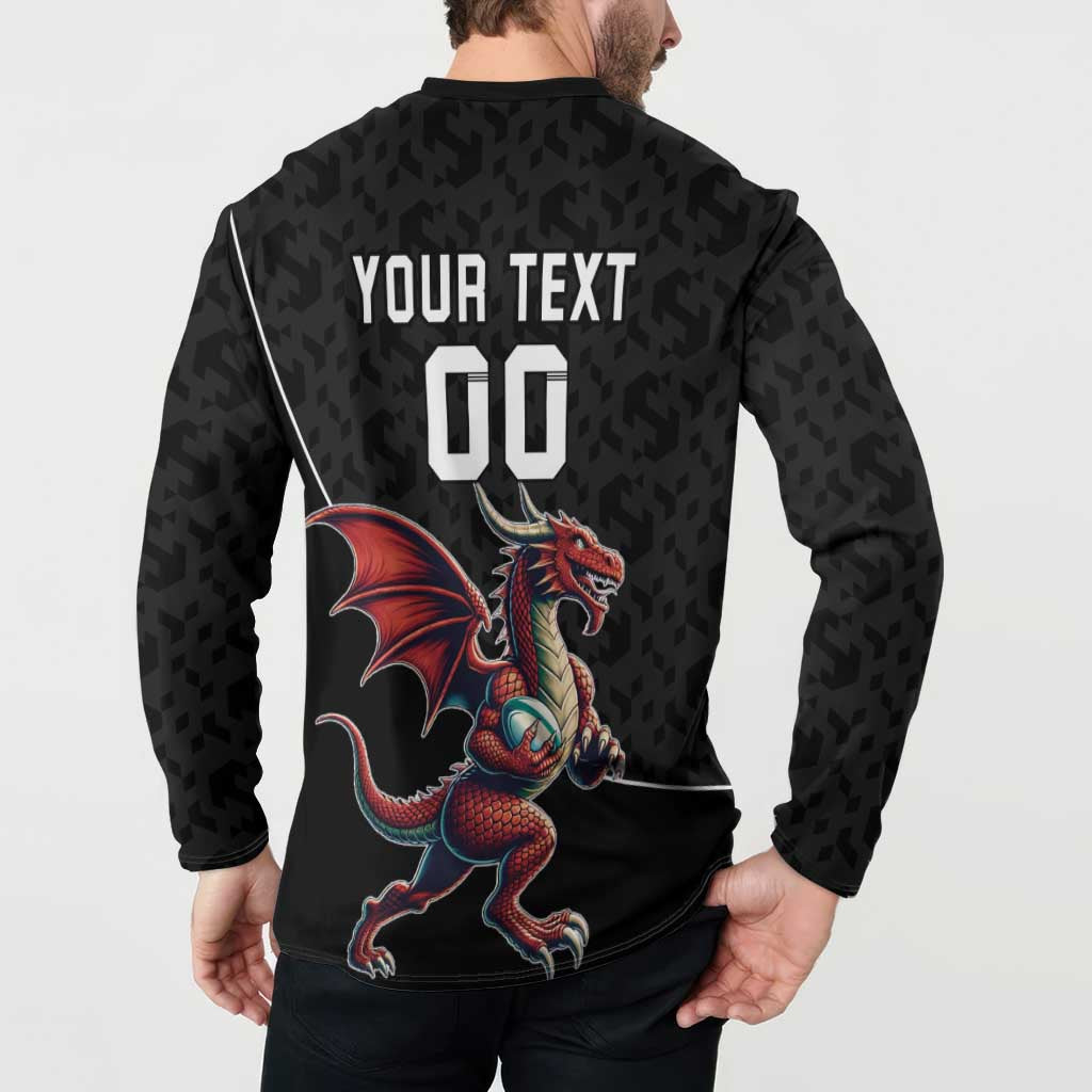 Black rugby button sweatshirt with YOUR TEXT 00 and dragon graphic on back