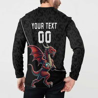 Black rugby button sweatshirt with YOUR TEXT 00 and dragon graphic on back