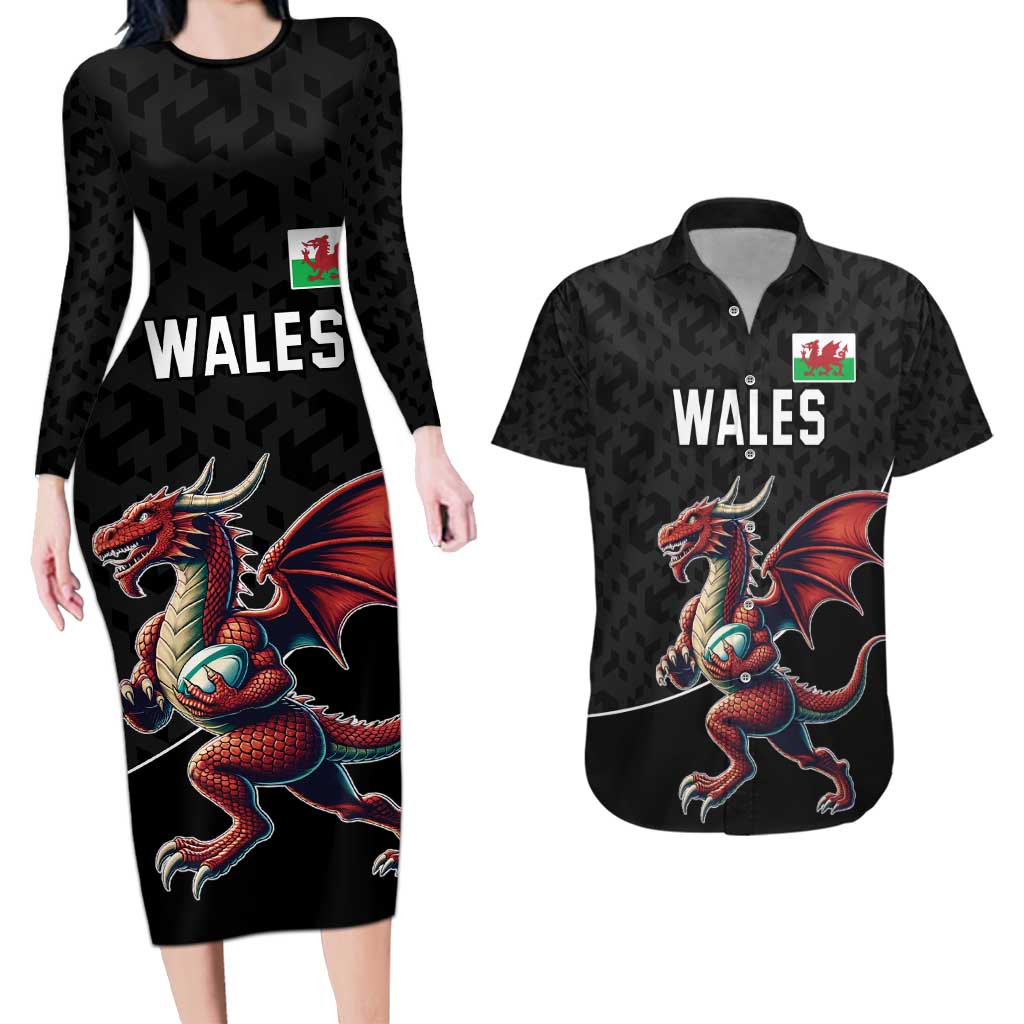 Custom Wales Rugby Couples Matching Long Sleeve Bodycon Dress and Hawaiian Shirt Welsh Dragon Mascot Black Version