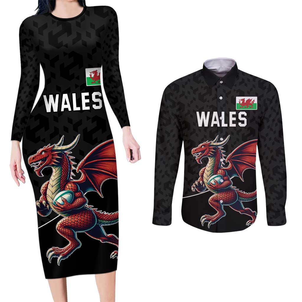 Custom Wales Rugby Couples Matching Long Sleeve Bodycon Dress and Long Sleeve Button Shirt Welsh Dragon Mascot Black Version