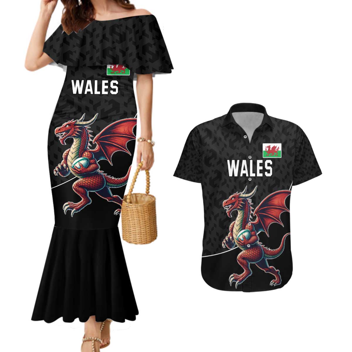 Custom Wales Rugby Couples Matching Mermaid Dress and Hawaiian Shirt Welsh Dragon Mascot Black Version