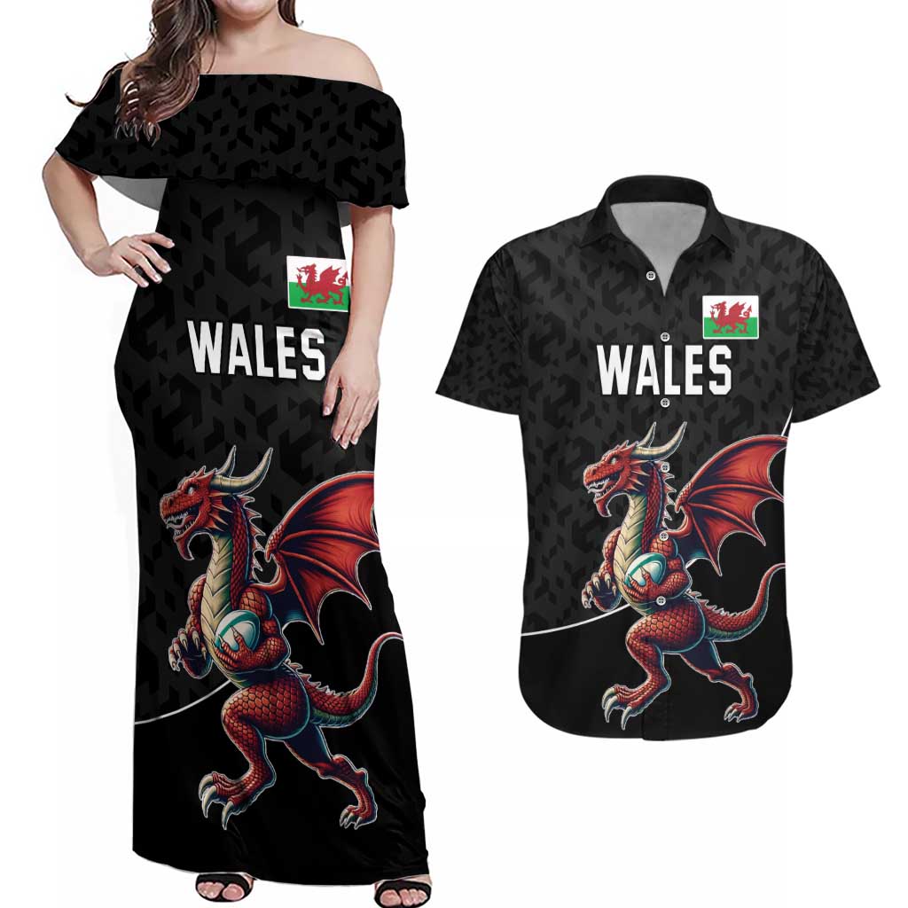 Custom Wales Rugby Couples Matching Off Shoulder Maxi Dress and Hawaiian Shirt Welsh Dragon Mascot Black Version